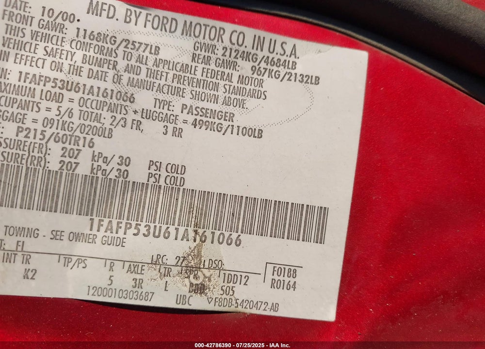 2001 FORD TAURUS SE VIN: 1FAFP53U61A161066