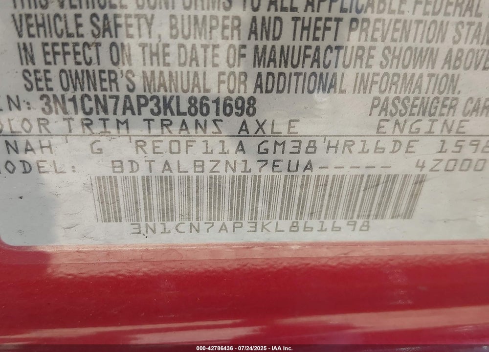 2019 NISSAN VERSA 1.6 SV VIN: 3N1CN7AP3KL861698