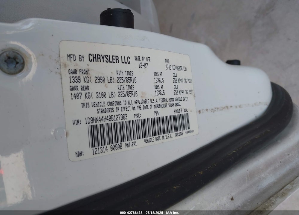 2008 DODGE GRAND CARAVAN SE VIN: 1D8HN44H48B127363