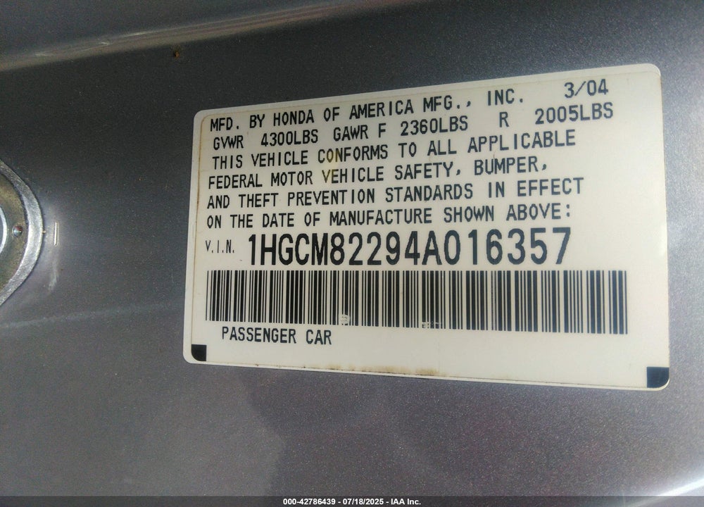 2004 HONDA ACCORD 3.0 LX VIN: 1HGCM82294A016357