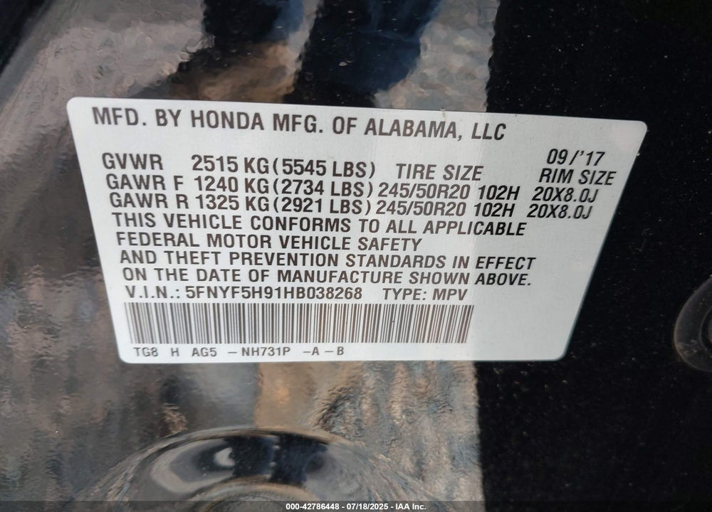 2017 HONDA PILOT VIN: 5FNYF5H91HB038268