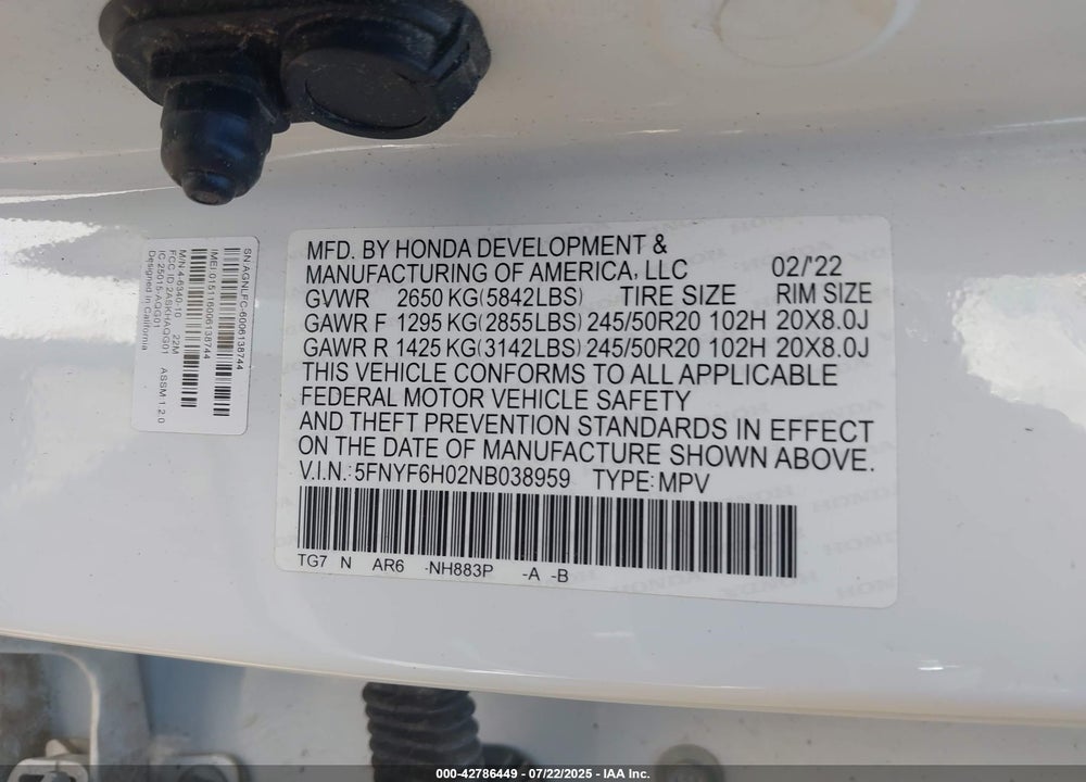 2022 HONDA PILOT AWD ELITE VIN: 5FNYF6H02NB038959