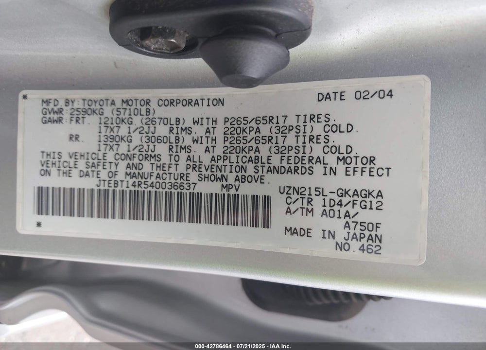 2004 TOYOTA 4RUNNER SR5 V8 VIN: JTEBT14R540036637