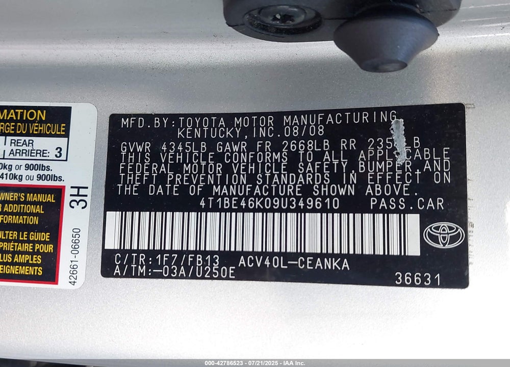 2009 TOYOTA CAMRY VIN: 4T1BE46K09U349610
