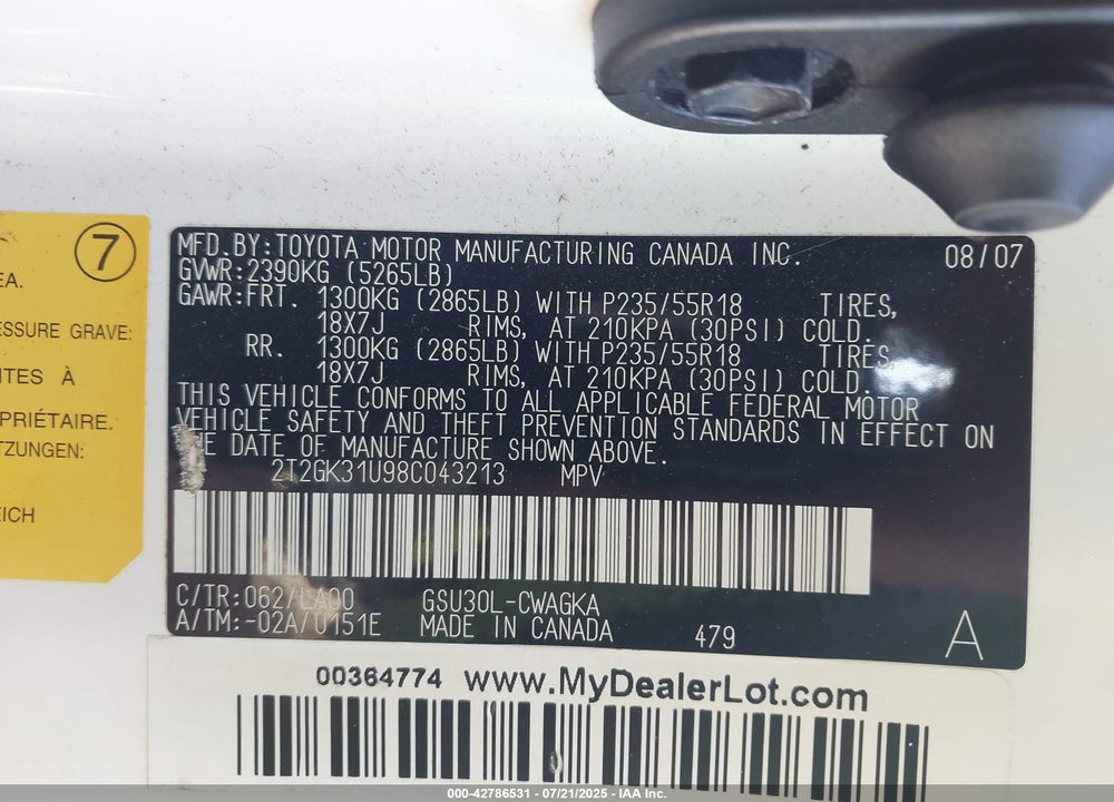 2008 LEXUS RX350 VIN: 2T2GK31U98C043213