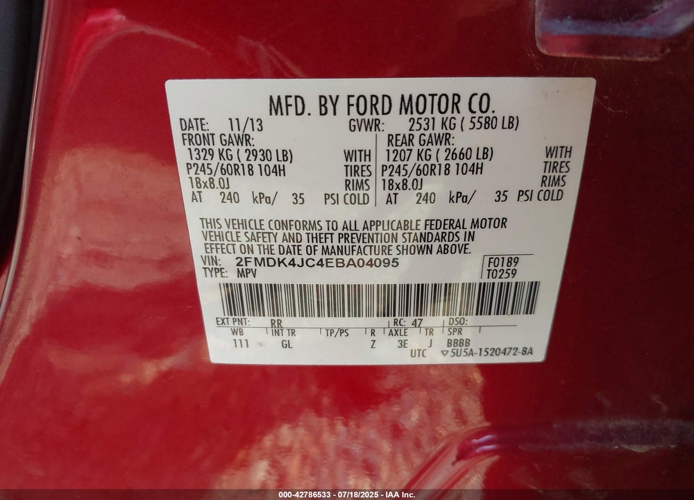 2014 FORD EDGE VIN: 2FMDK4JC4EBA04095
