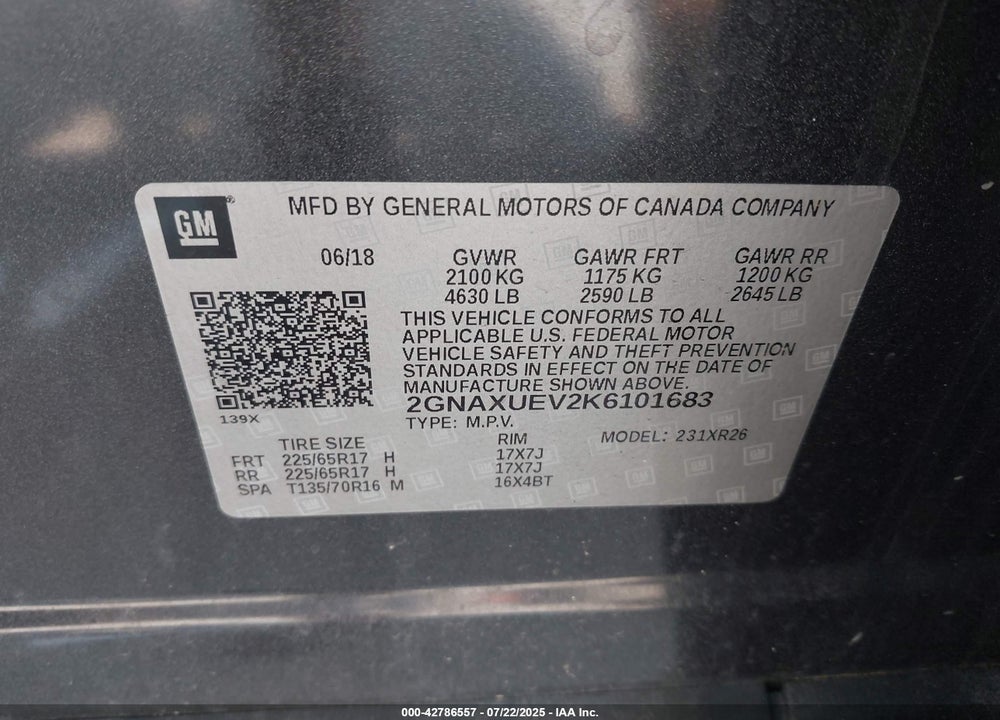 2019 CHEVROLET EQUINOX VIN: 2GNAXUEV2K6101683