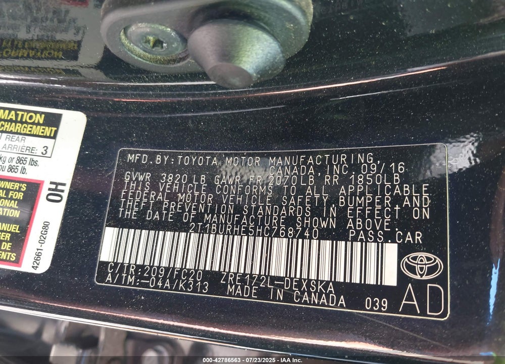 2017 TOYOTA COROLLA VIN: 2T1BURHE5HC768740