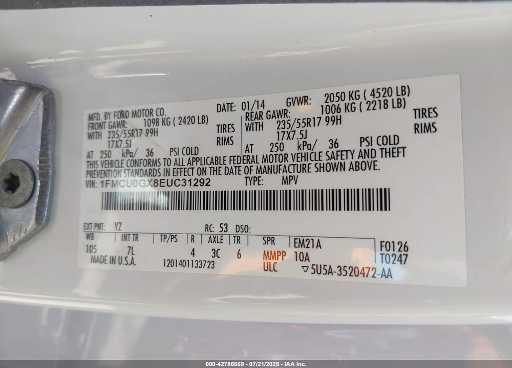 2014 FORD ESCAPE VIN: 1FMCU0GX8EUC31292