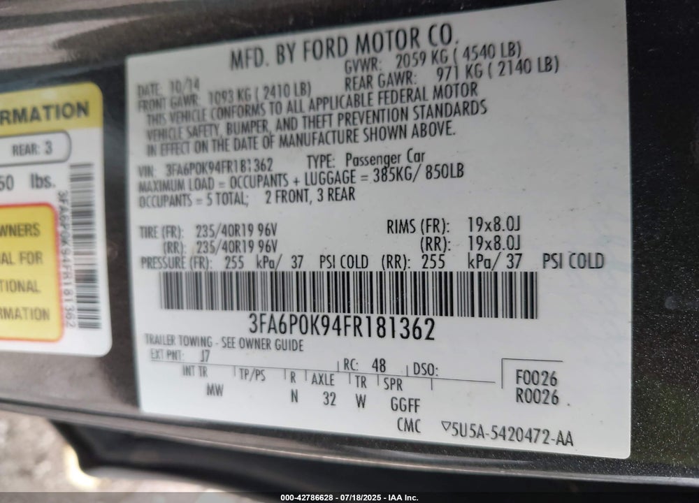 2015 FORD FUSION VIN: 3FA6P0K94FR181362