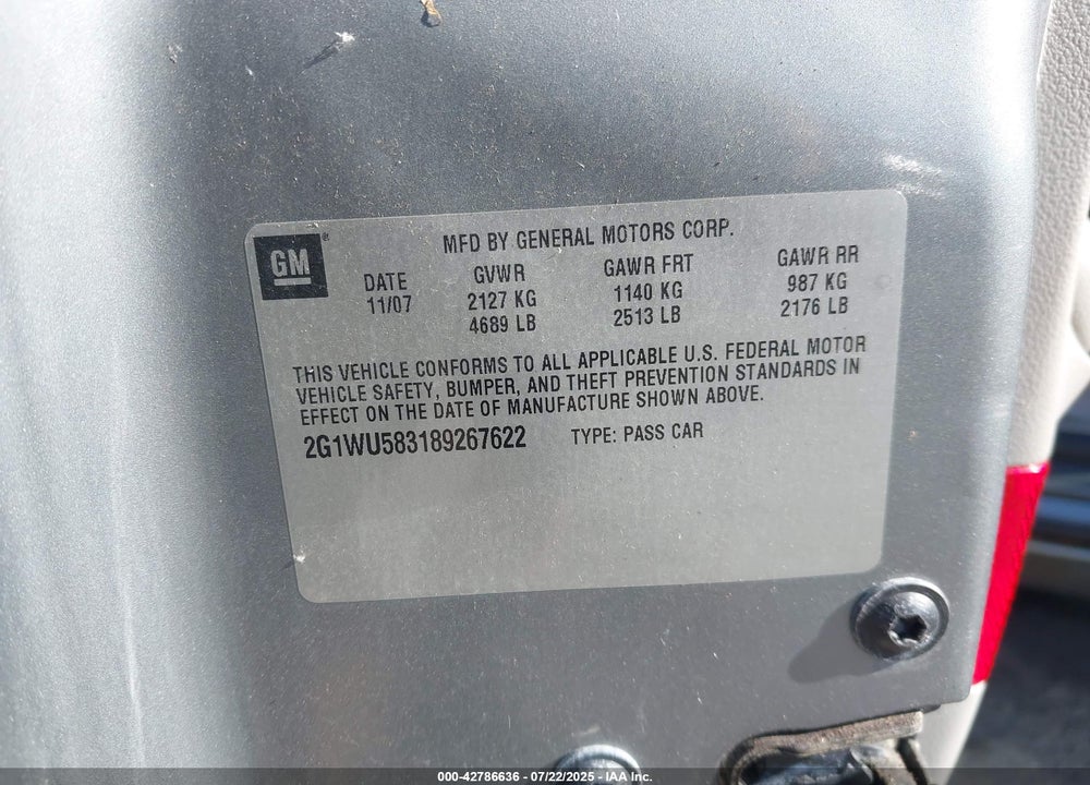 2008 CHEVROLET IMPALA VIN: 2G1WU583189267622