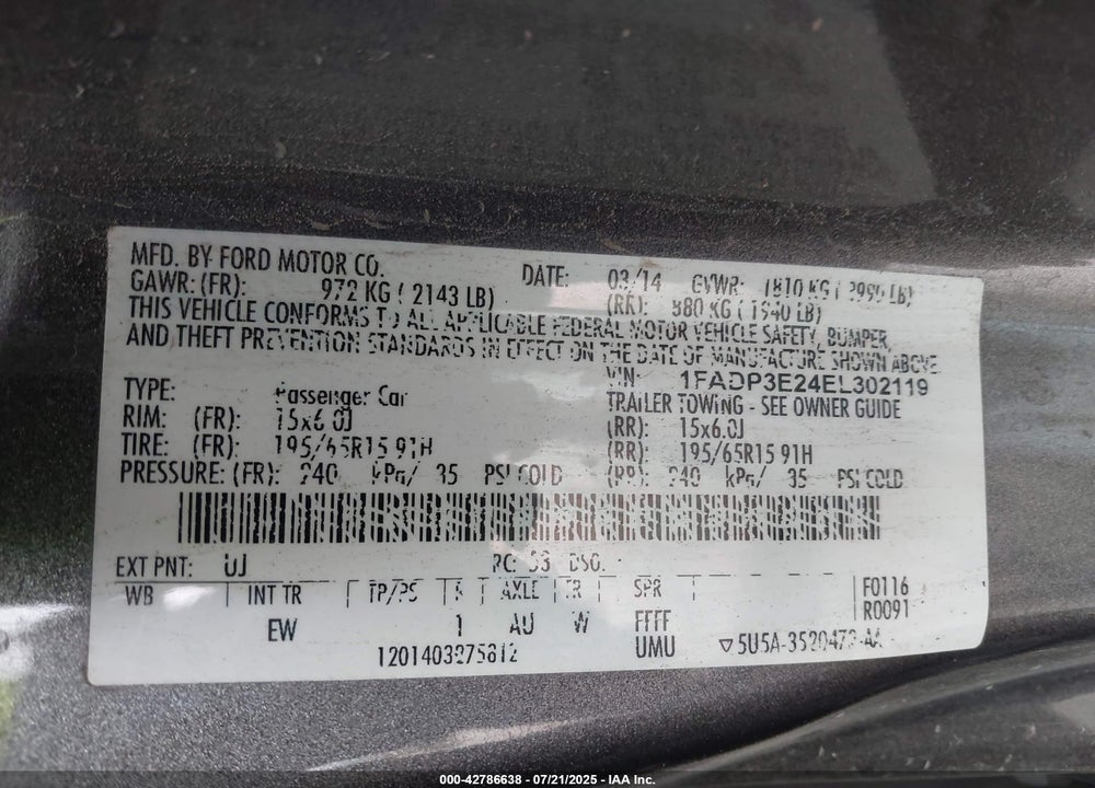2014 FORD FOCUS VIN: 1FADP3E24EL302119