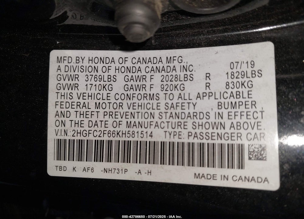 2019 HONDA CIVIC LX VIN: 2HGFC2F66KH581514