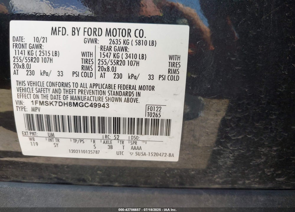 2021 FORD EXPLORER VIN: 1FMSK7DH8MGC49943