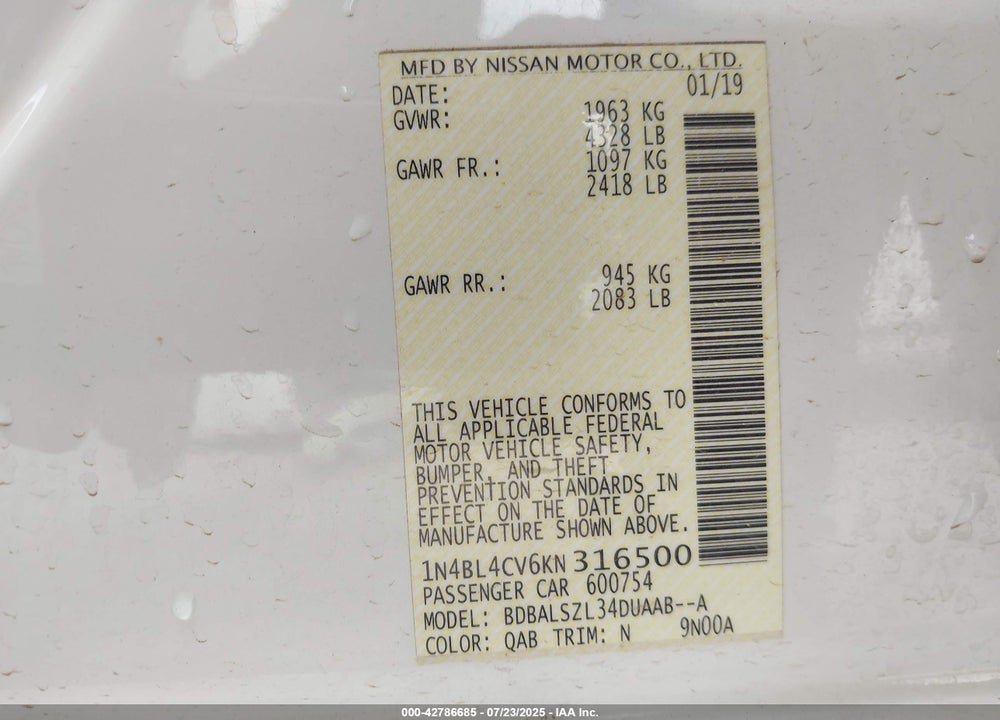 2019 NISSAN ALTIMA VIN: 1N4BL4CV6KN316500