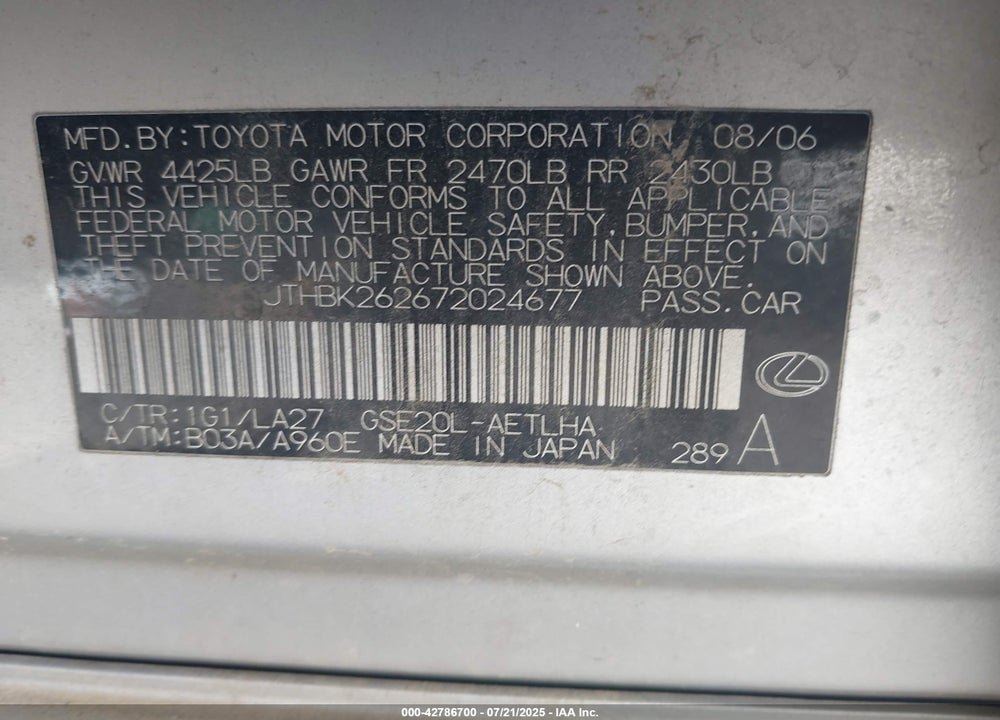 2007 LEXUS IS 250 VIN: JTHBK262672024677