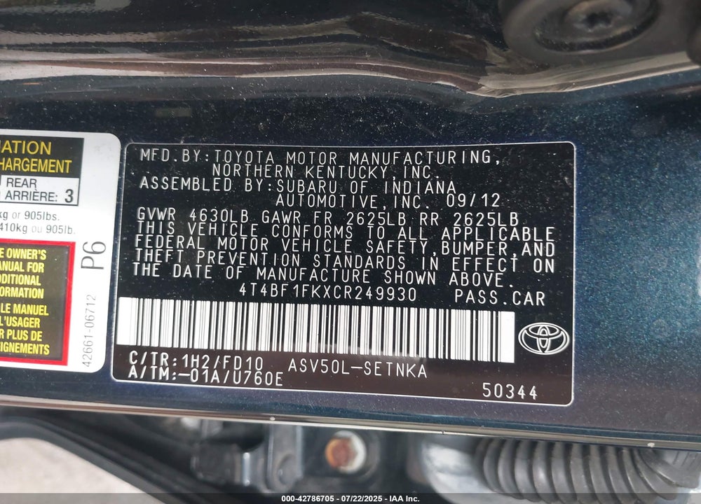 2012 TOYOTA CAMRY VIN: 4T4BF1FKXCR249930