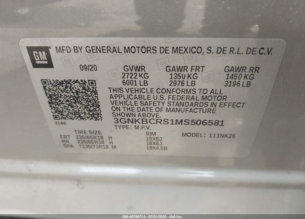 2021 CHEVROLET BLAZER VIN: 3GNKBCRS1MS506581