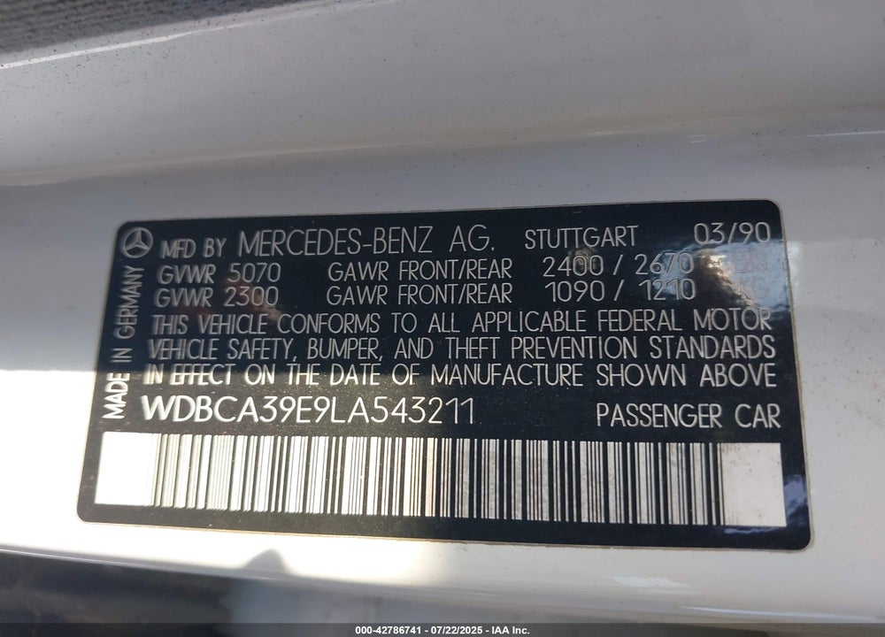 1990 MERCEDES-BENZ 560 SEL VIN: WDBCA39E9LA543211