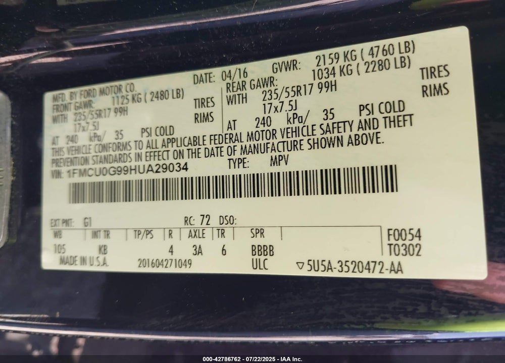 2017 FORD ESCAPE VIN: 1FMCU0G99HUA29034