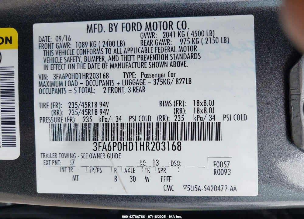 2017 FORD FUSION VIN: 3FA6P0HD1HR203168