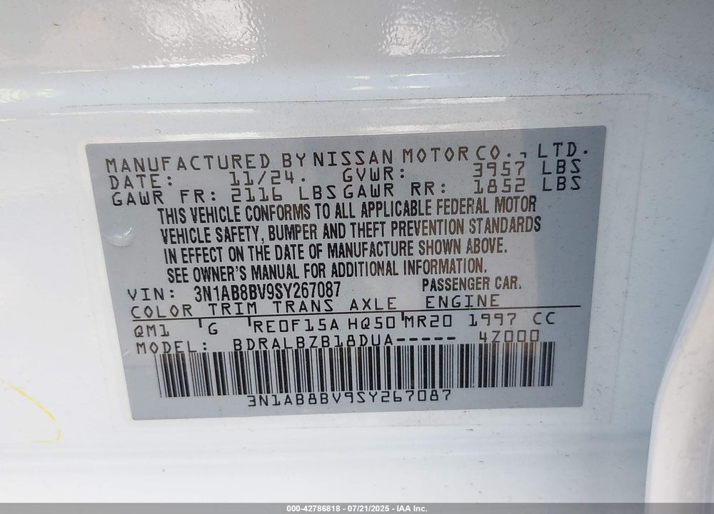 2025 NISSAN SENTRA VIN: 3N1AB8BV9SY267087