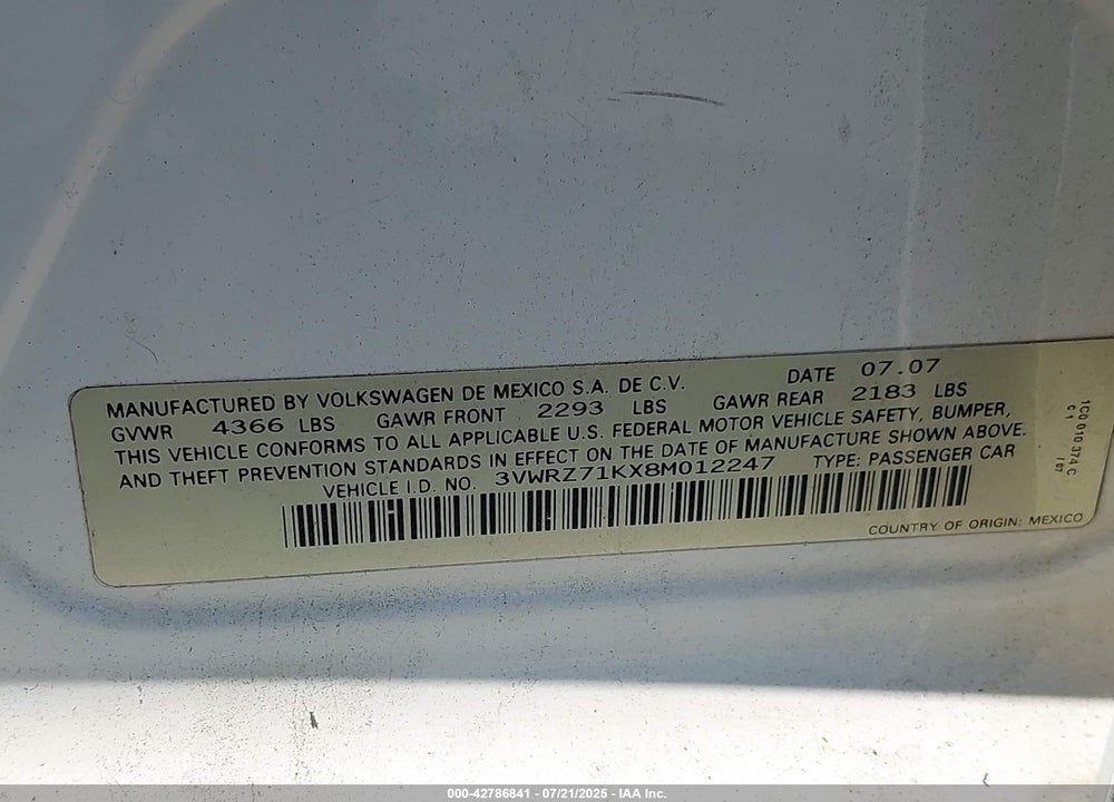 2008 VOLKSWAGEN JETTA SE/SEL VIN: 3VWRZ71KX8M012247