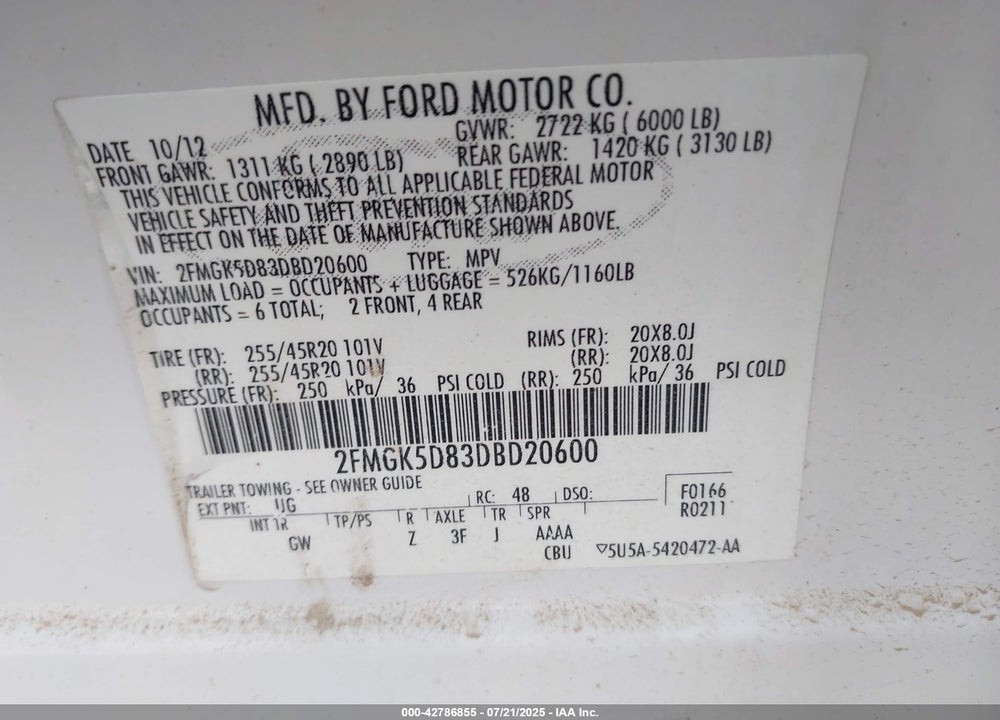 2013 FORD FLEX VIN: 2FMGK5D83DBD20600