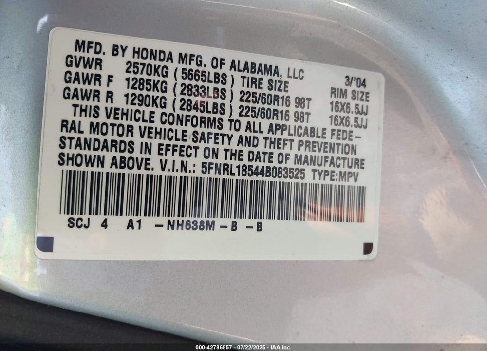 2004 HONDA ODYSSEY VIN: 5FNRL18544B083525