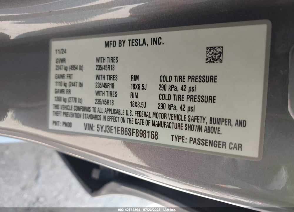 2025 TESLA MODEL 3 VIN: 5YJ3E1EB6SF898168