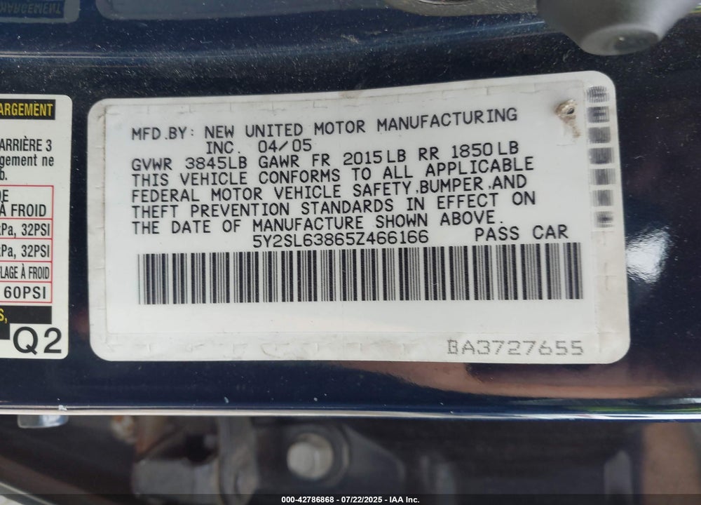 2005 PONTIAC VIBE VIN: 5Y2SL63865Z466166