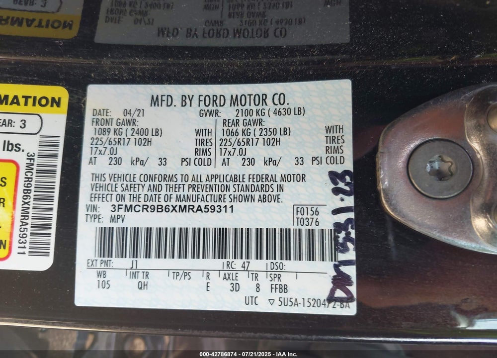 2021 FORD BRONCO SPORT VIN: 3FMCR9B6XMRA59311