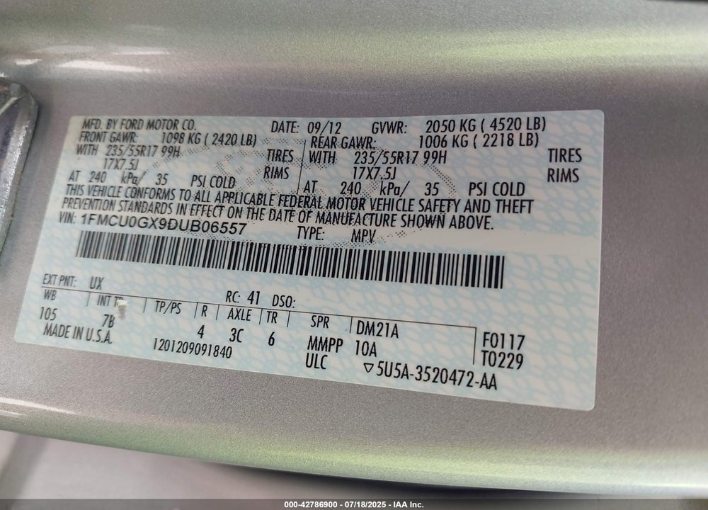 2013 FORD ESCAPE SE VIN: 1FMCU0GX9DUB06557