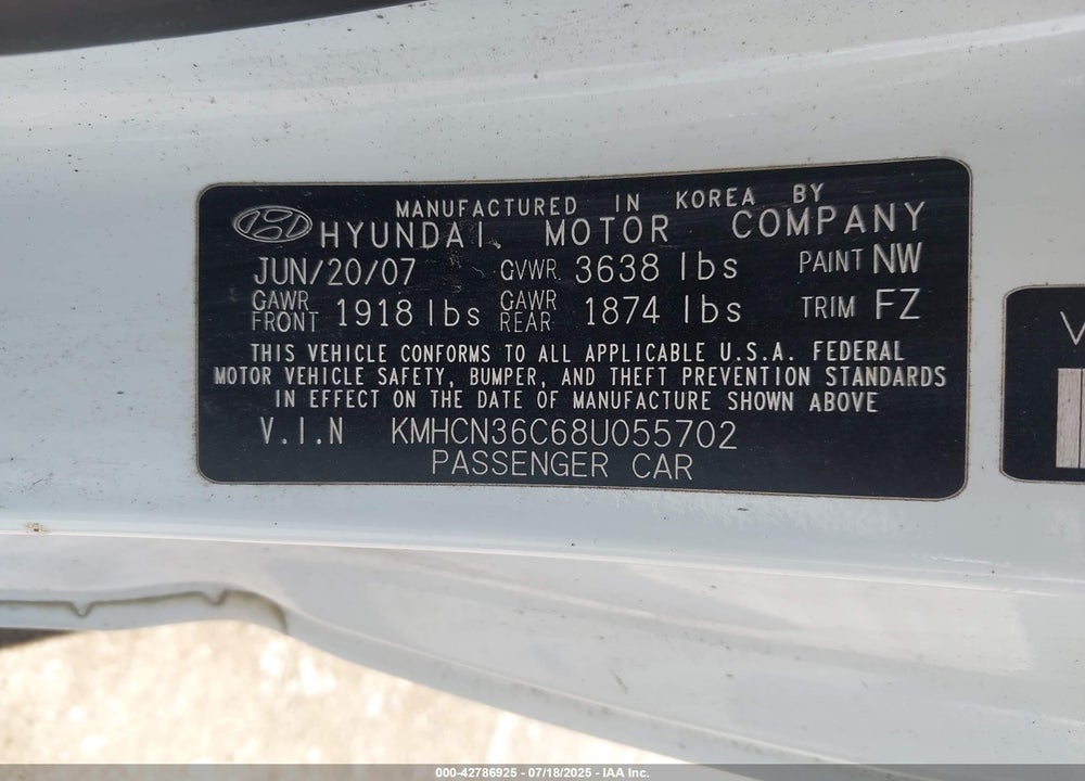 2008 HYUNDAI ACCENT SE VIN: KMHCN36C68U055702