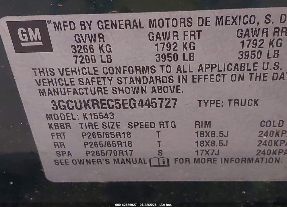 2014 CHEVROLET SILVERADO 1500 2LT VIN: 3GCUKREC5EG445727