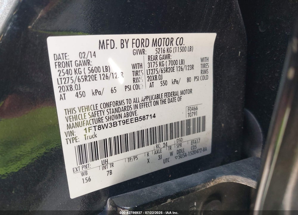 2014 FORD F-350 LARIAT VIN: 1FT8W3BT9EEB58714