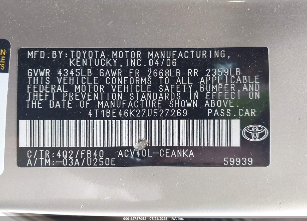 2007 TOYOTA CAMRY VIN: 4T1BE46K27U527269