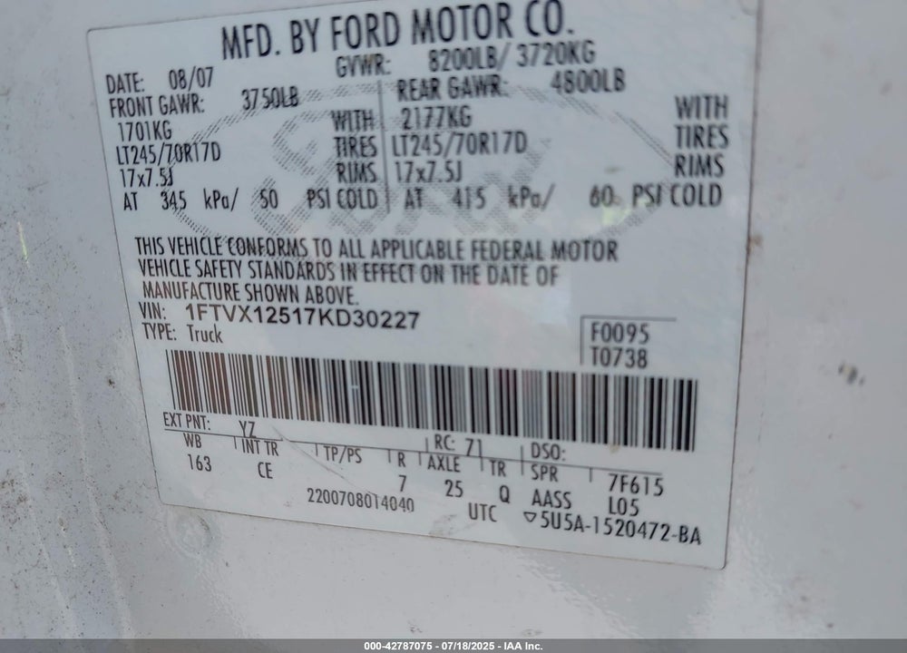 2007 FORD F-150 VIN: 1FTVX12517KD30227