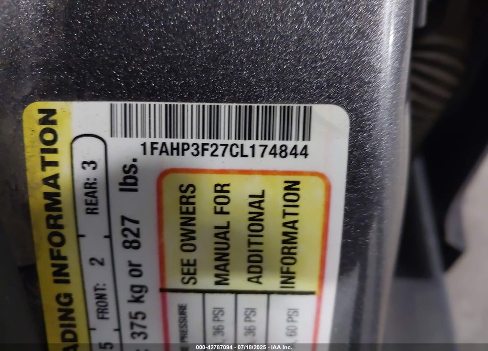 2012 FORD FOCUS VIN: 1FAHP3F27CL174844