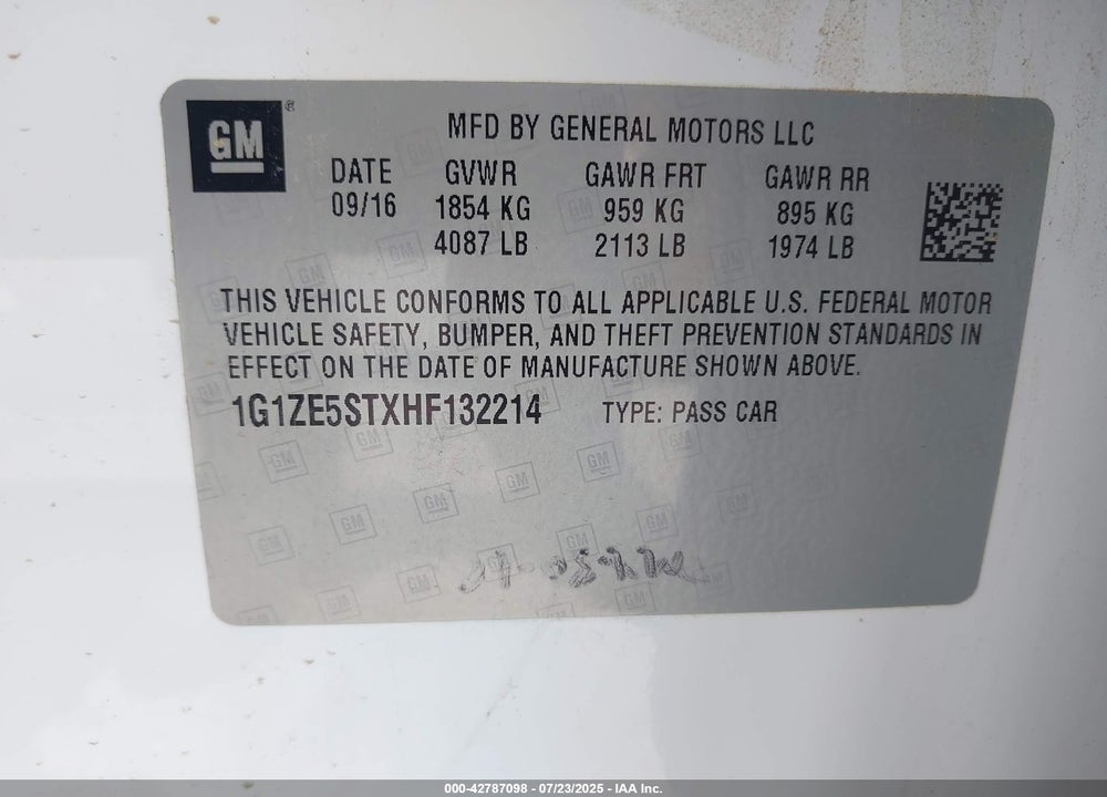 2017 CHEVROLET MALIBU VIN: 1G1ZE5STXHF132214