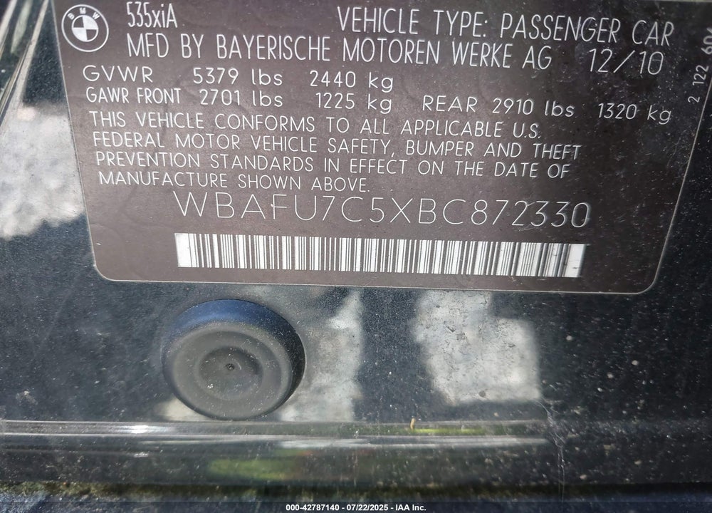 2011 BMW 5 SERIES VIN: WBAFU7C5XBC872330