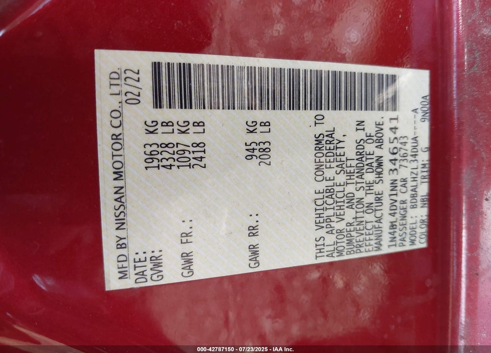 2022 NISSAN ALTIMA VIN: 1N4BL4DV1NN346541