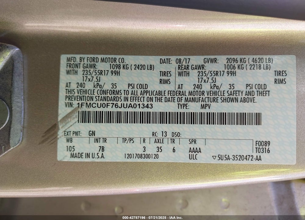 2018 FORD ESCAPE S VIN: 1FMCU0F76JUA01343