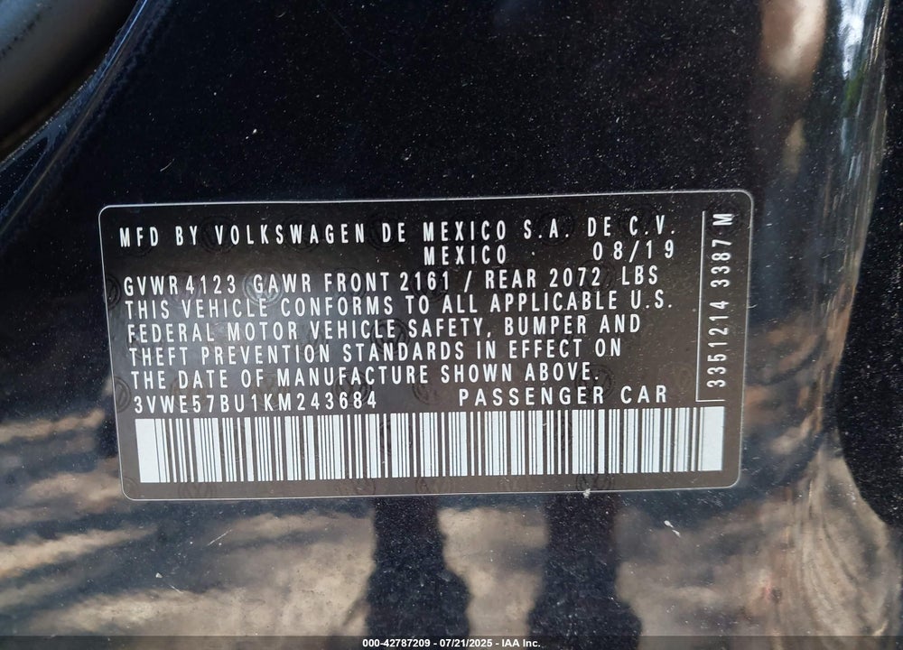2019 VOLKSWAGEN JETTA VIN: 3VWE57BU1KM243684
