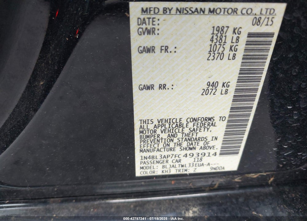 2015 NISSAN ALTIMA VIN: 1N4BL3AP7FC493914