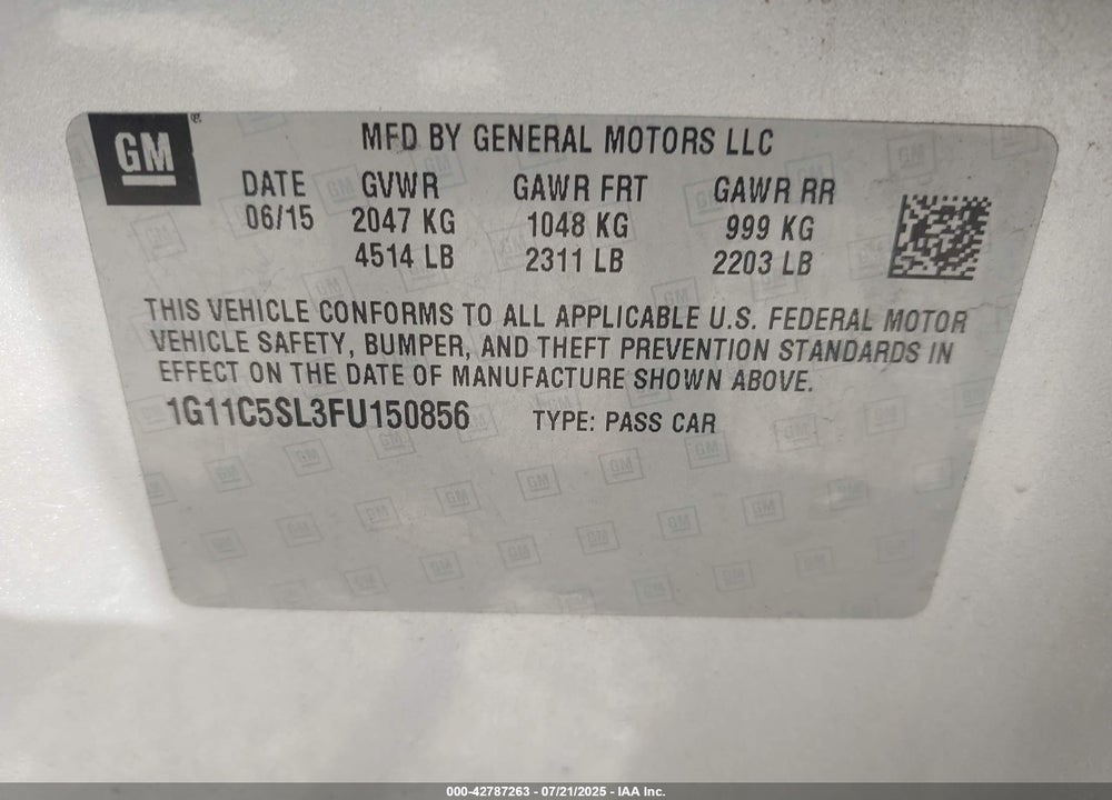 2015 CHEVROLET MALIBU VIN: 1G11C5SL3FU150856