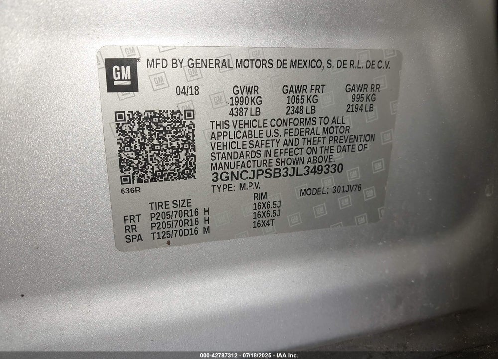 2018 CHEVROLET TRAX VIN: 3GNCJPSB3JL349330