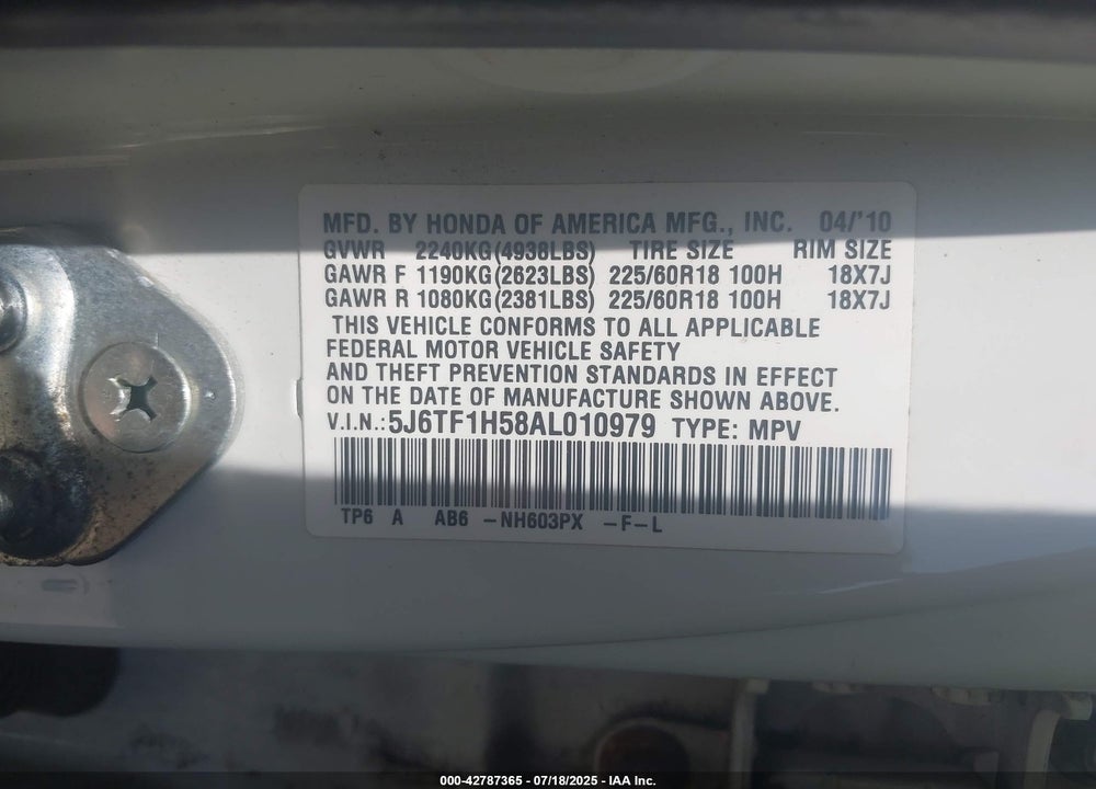2010 HONDA ACCORD CROSSTOUR VIN: 5J6TF1H58AL010979