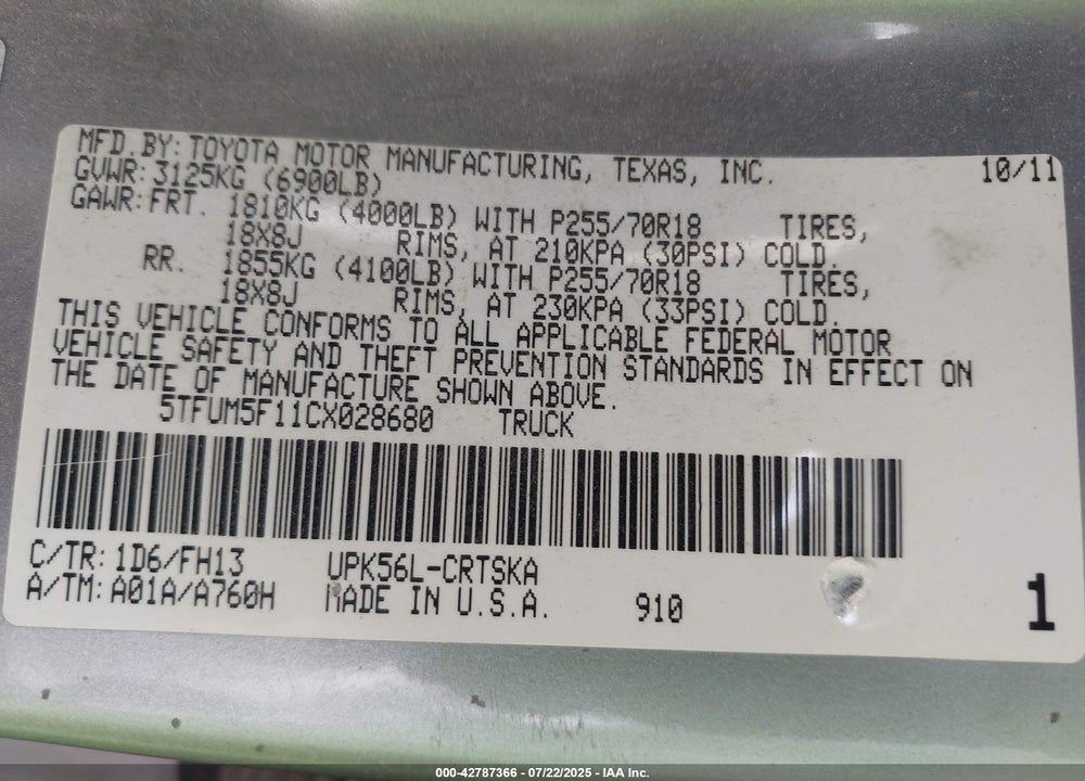 2012 TOYOTA TUNDRA VIN: 5TFUM5F11CX028680
