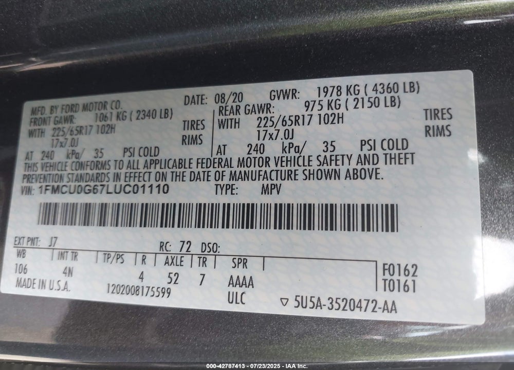 2020 FORD ESCAPE VIN: 1FMCU0G67LUC01110